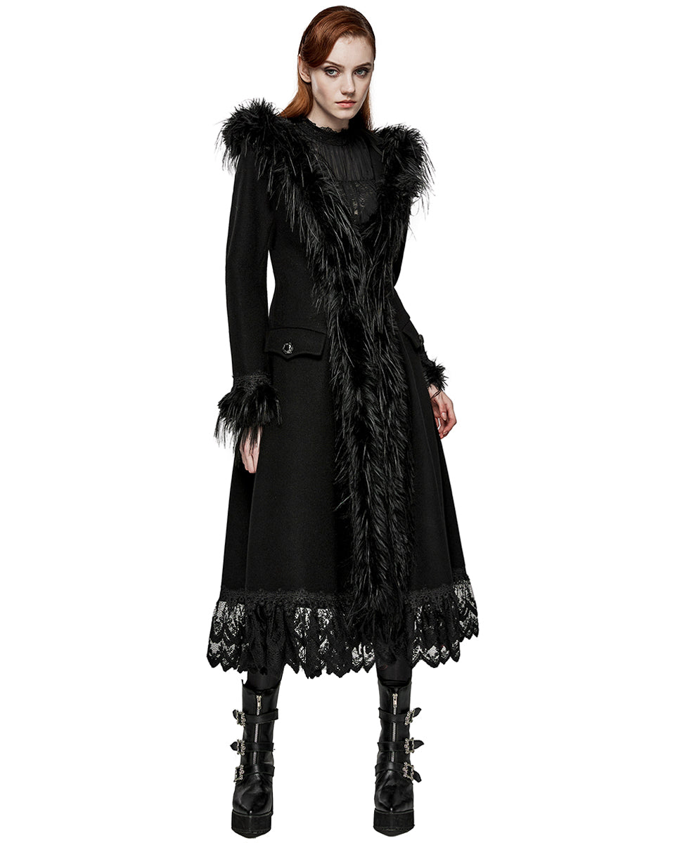 PR-DY-1509ECF-BKF Womens Gothic Winter Fur & Lace Trimmed Hooded Coat - Extended Size Range