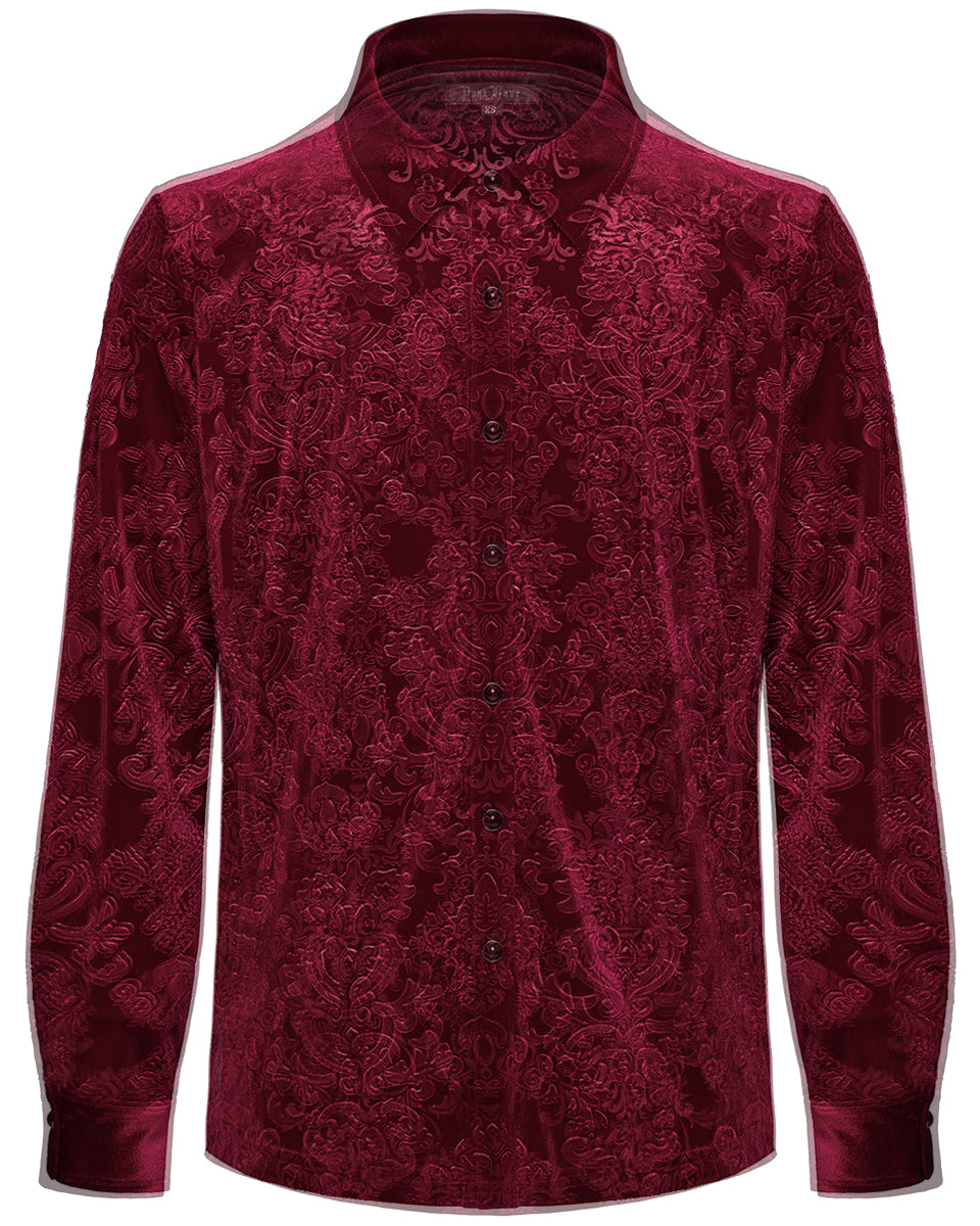 PR-WY-1541CCM-RDM Mens Gothic Aristocrat Embossed Velvet Damask Shirt - Red