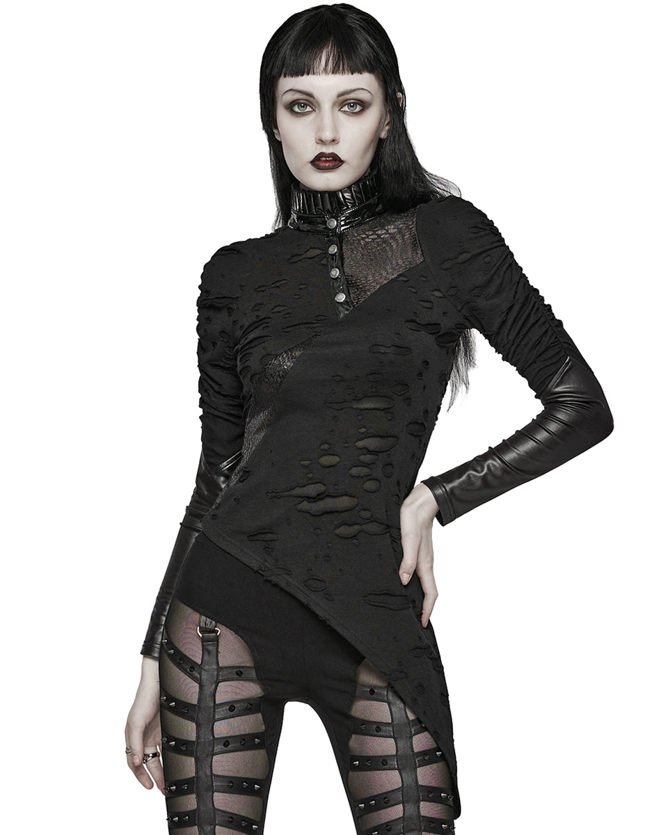 WT-811TCF Womens Gothic Apocalyptic Cyberpunk Broken Knit Hybrid Top