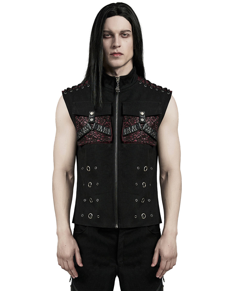 WY-1610MJM-BKRDM Mens Apocalyptic Gothic Mesh Utility Pocket Waistcoat Vest - Black & Red