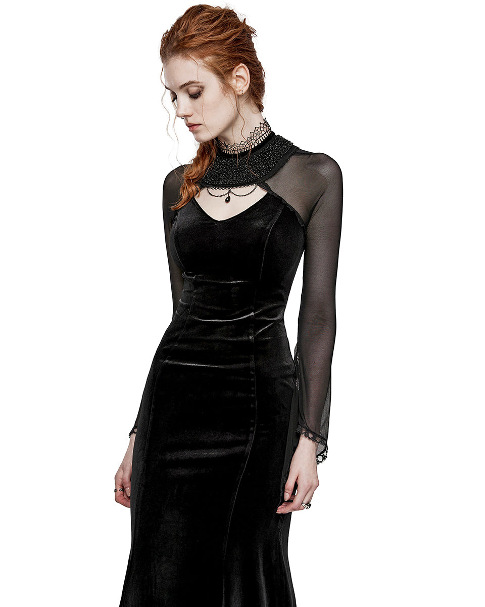 PR-WQ-666LQF-BKF Womens Regency Gothic Velvet & Mesh Beaded Evening Dress