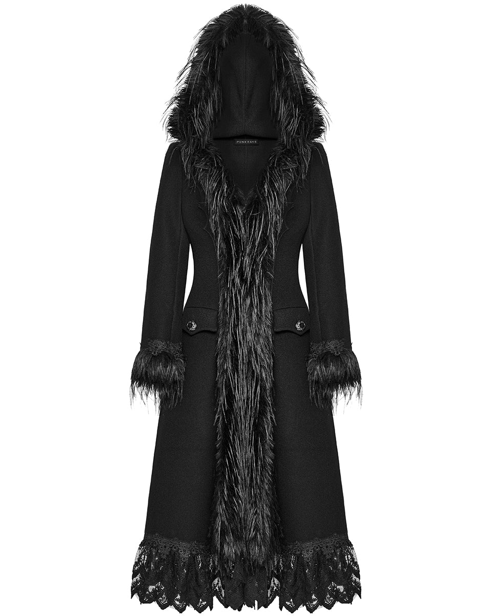 PR-DY-1509ECF-BKF Womens Gothic Winter Fur & Lace Trimmed Hooded Coat - Extended Size Range