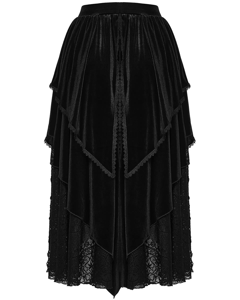 PR-DQ-634BQF-BKF Plus Size Bohemian Gothic Asymmetric Velvet & Baroque Lace Maxi Skirt