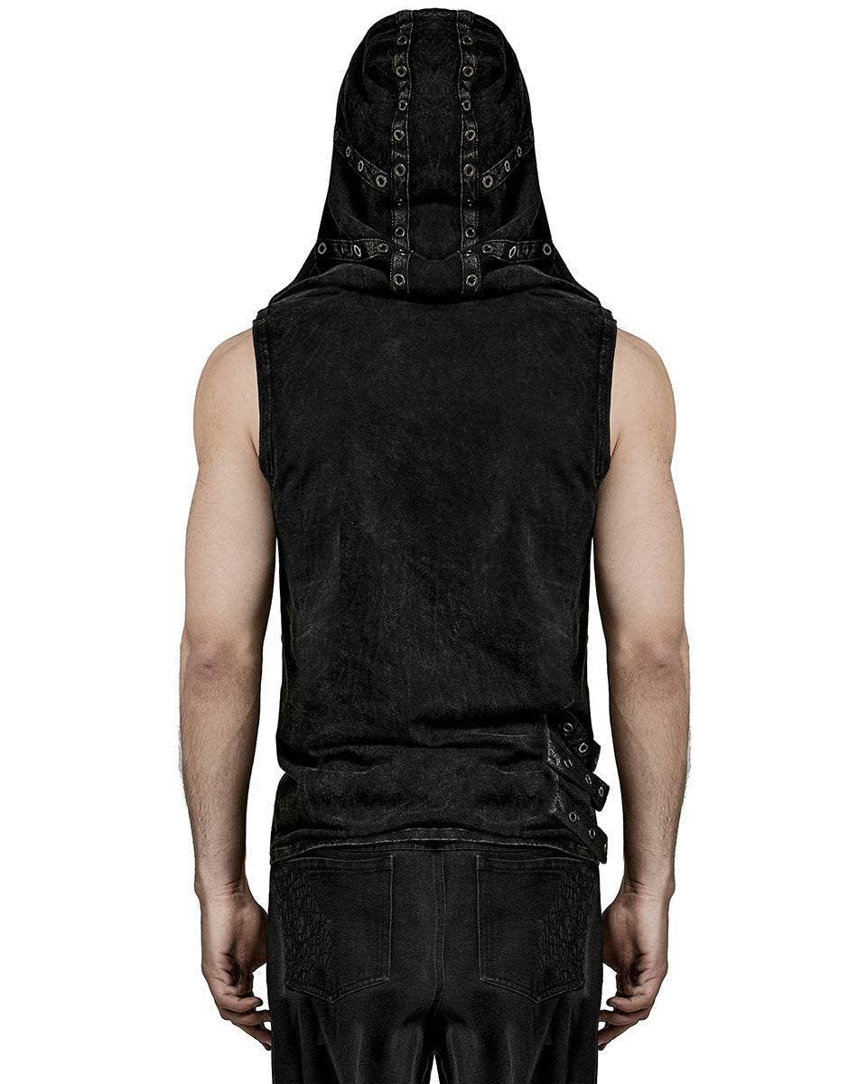 PR-T770-BKM Mens Distressed Apocalyptic Gothic Asymmetric Hooded Tank Top Vest