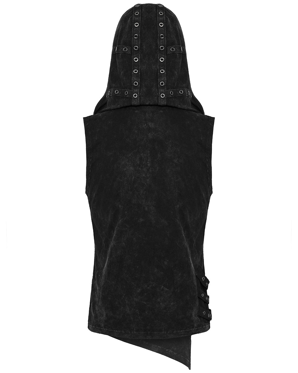 PR-T770-BKM Mens Distressed Apocalyptic Gothic Asymmetric Hooded Tank Top Vest