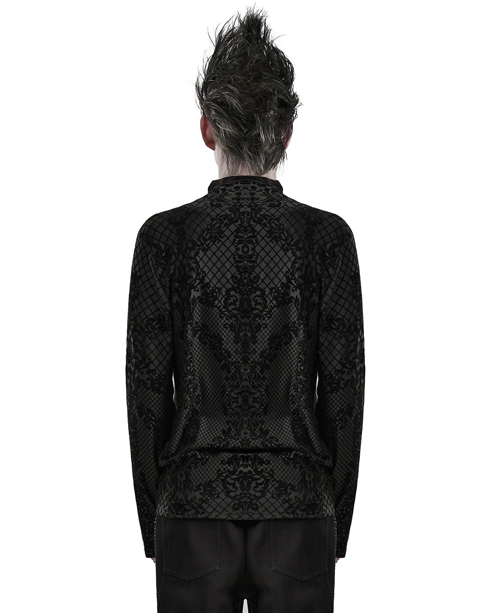 PR-WT-830TCM-BKM Mens Gothic Damask Velvet Flocked Mesh Top