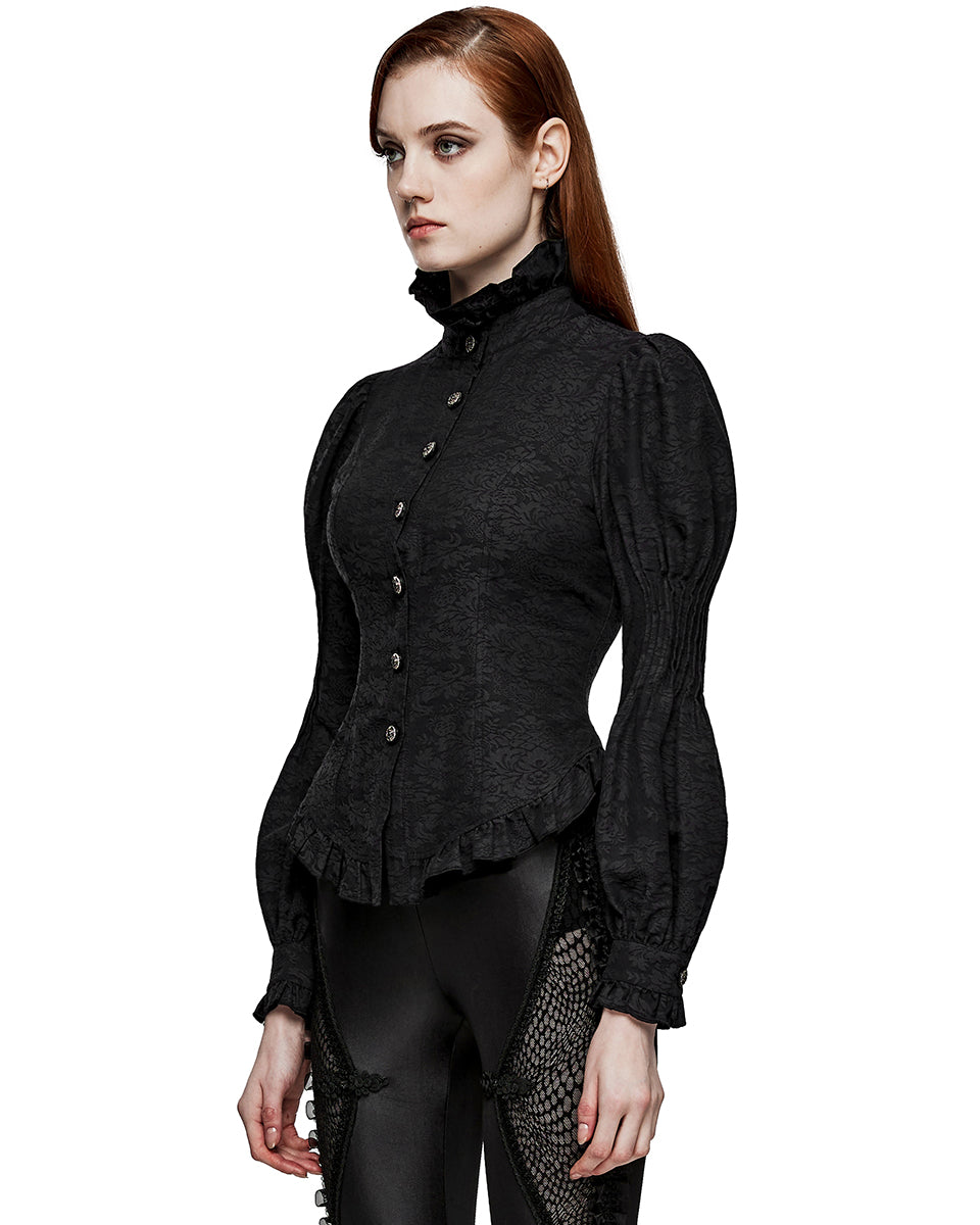 PR-WY-1527CCF-BKF Womens Dark Regency Gothic Jacquard Blouse Top