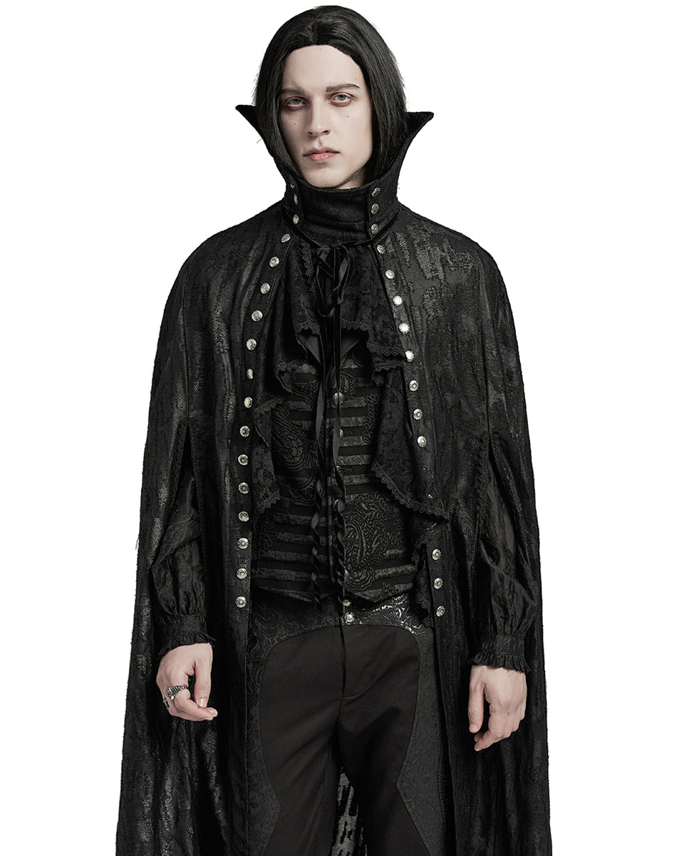 WY-1600DPM-BKM Mens Long Gothic Double-Breasted Cloak With Detachable Lace Ruffle