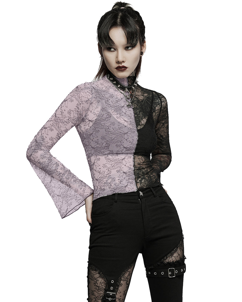 WT-727 Womens Gothic Poison Ivy Sheer Mesh Split Top - Black & Pink