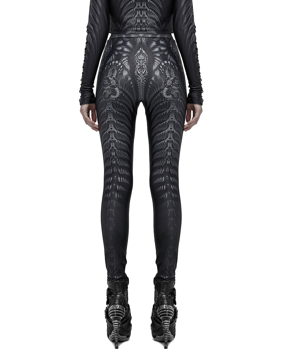 WK-491 Womens Serpentine Printed Mesh Cyberpunk Leggings - Black & Grey