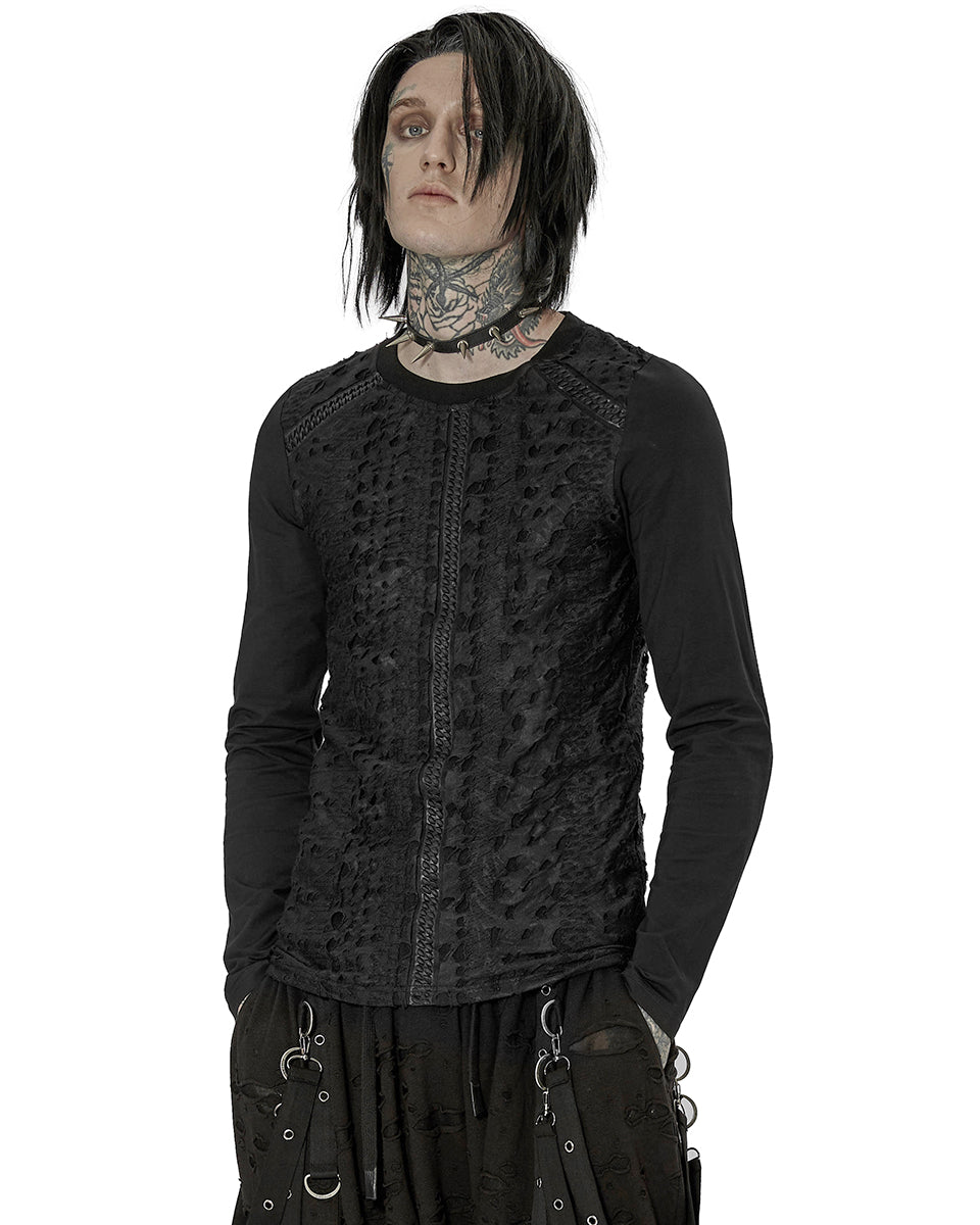 WT-753 Mens Dark Dystopian Gothic Sectional Broken Knit Top