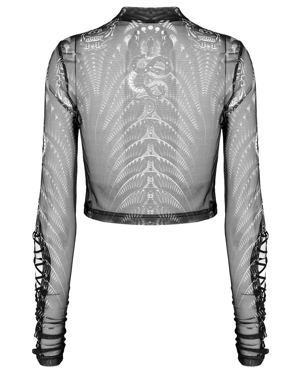 WT-699 Womens Serpentine Printed Mesh Cyberpunk Top - Black & White