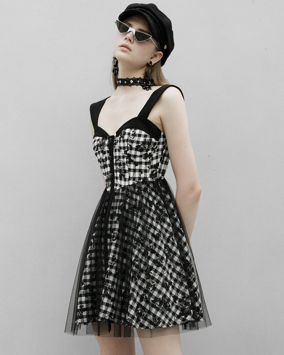 OPQ-1131 Daily Life SkullFlower Lolita Mini Dress - Black & White Plaid