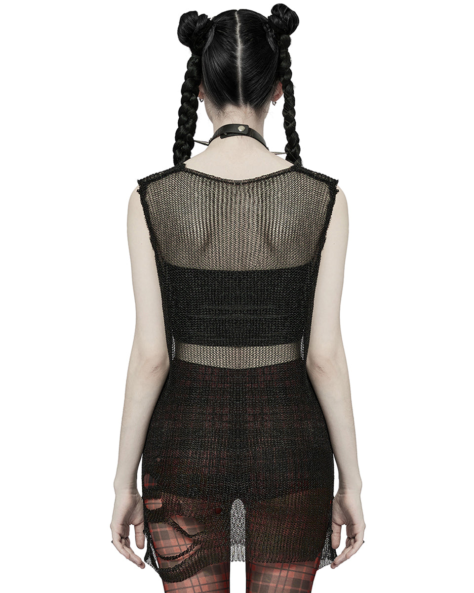 WM-075 Womens Apocalyptic Grunge Shredded Faux Chainmail Sleeveless Sweater