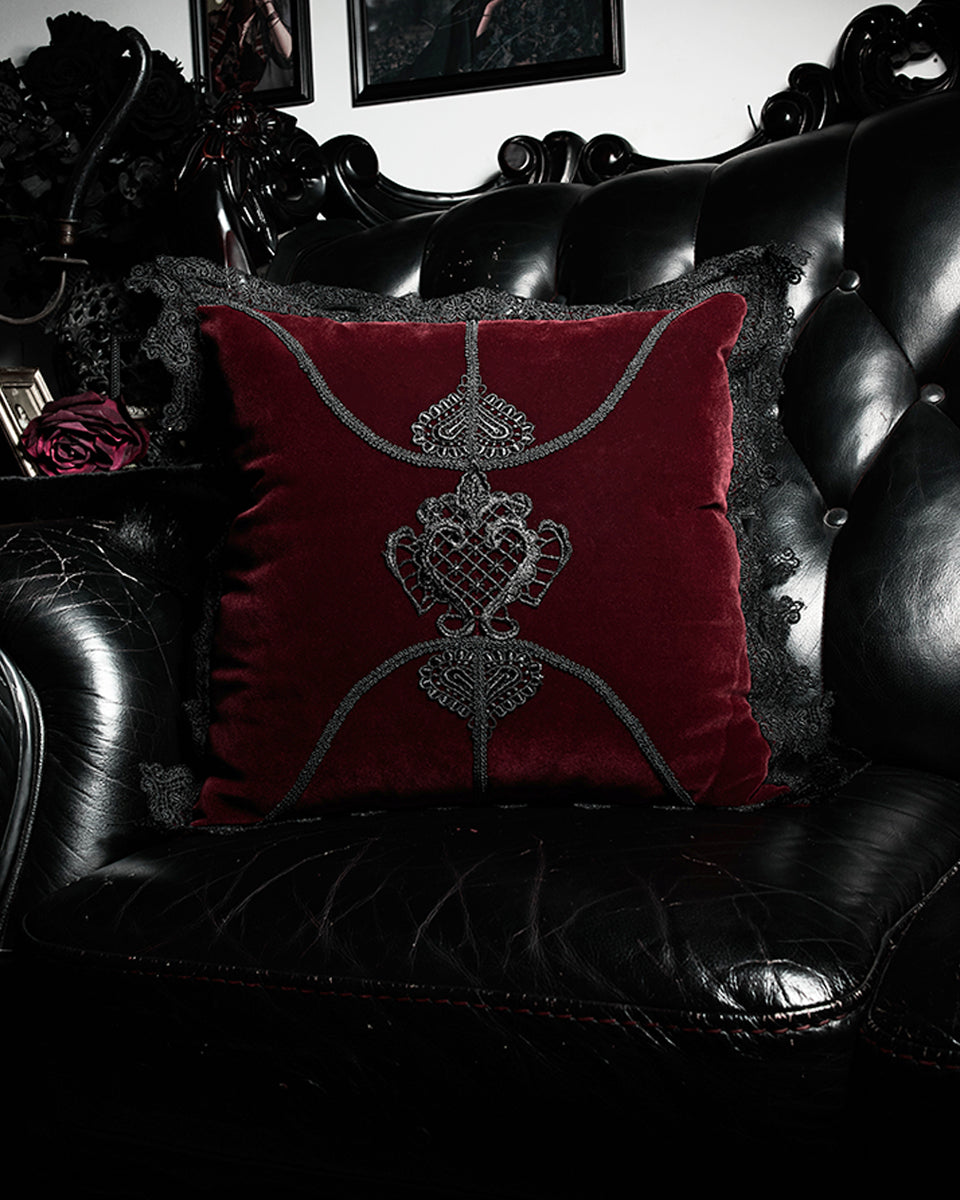 JZ-002 Gothic Home Lace Applique Filled Cushion - Red Velvet