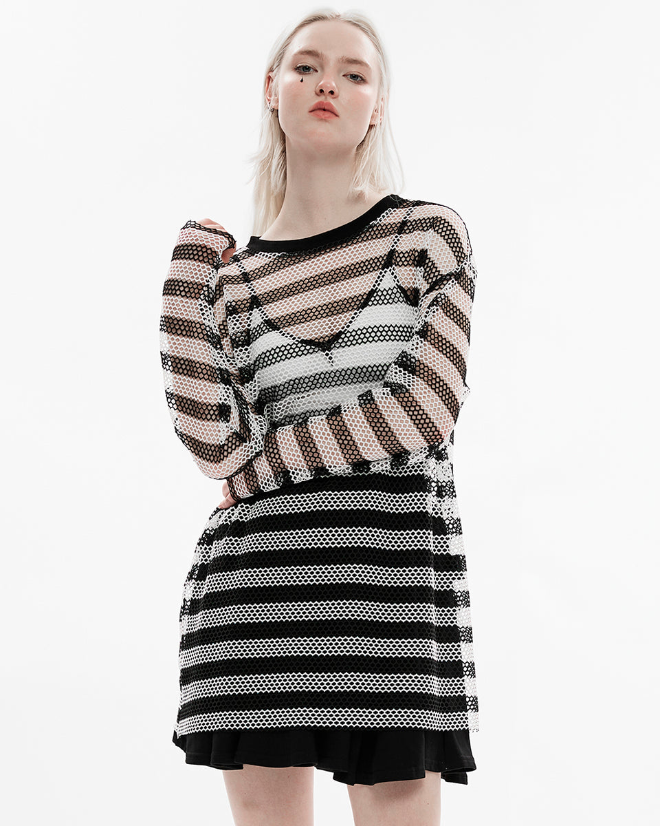 OPT-773 Daily Life Casual Punk Fishnet Mesh Striped Sweater Top - Black & White