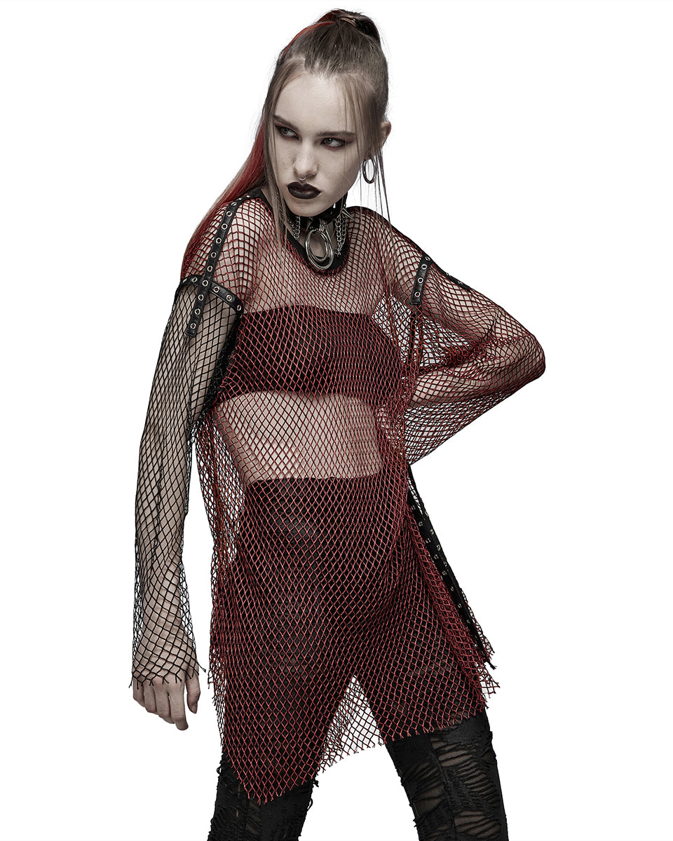 WT-698 Womens Daily Punk Splicing Fishnet Top - Red & Black