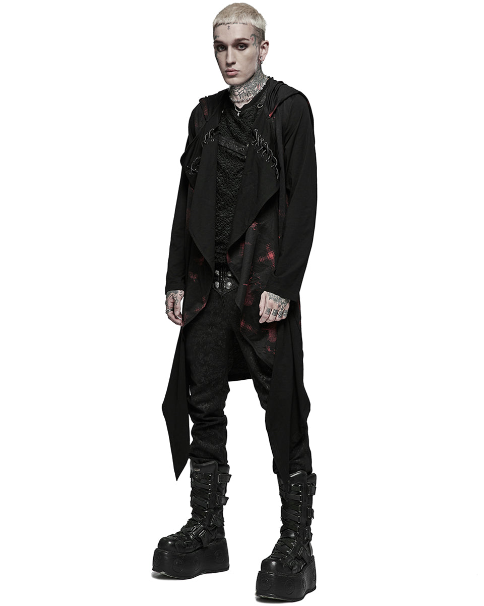 WY-1382 Mens Dark Punk Hooded Cloak Jacket - Black & Red