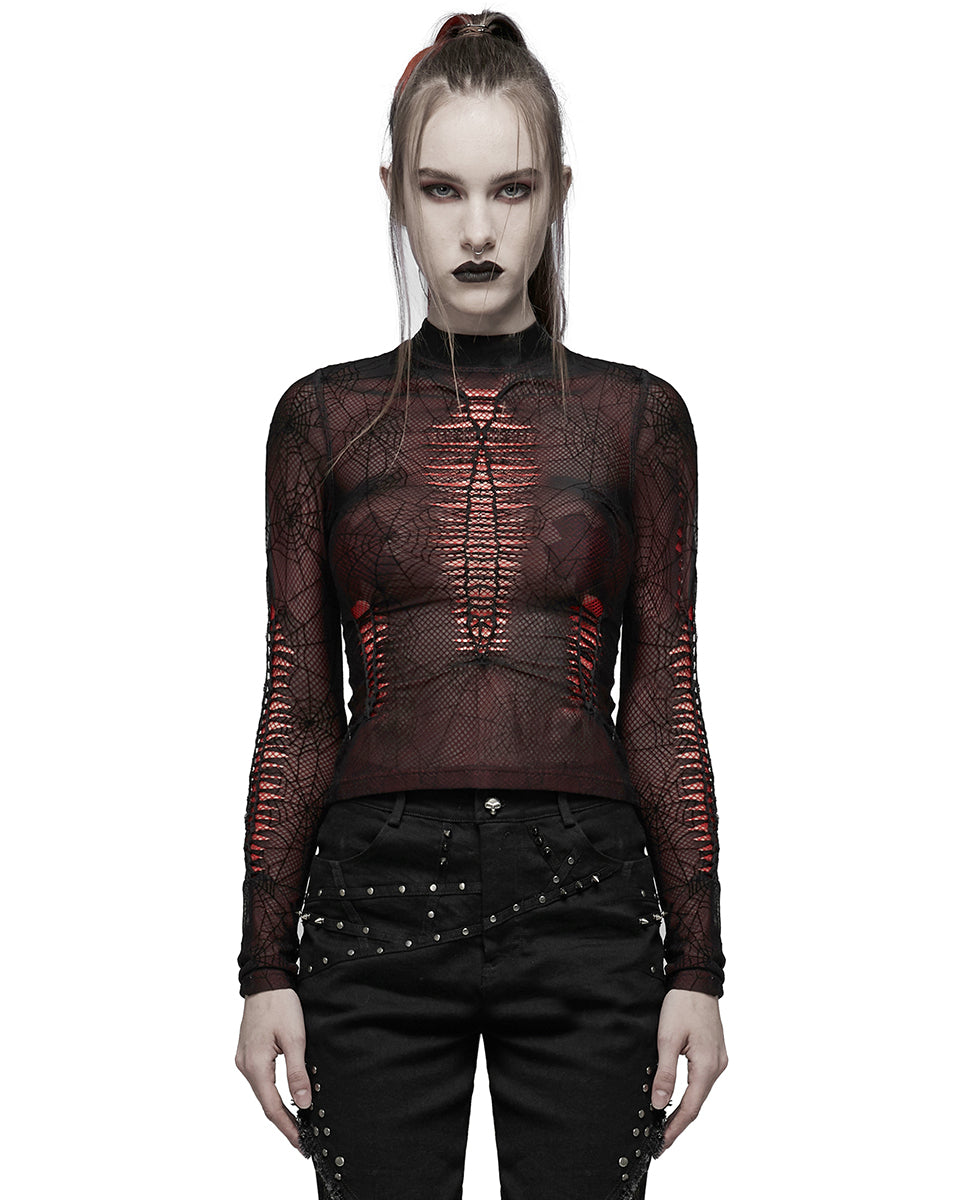 WT-695 Arachnaphilia Womens Shredded Mesh Top - Red