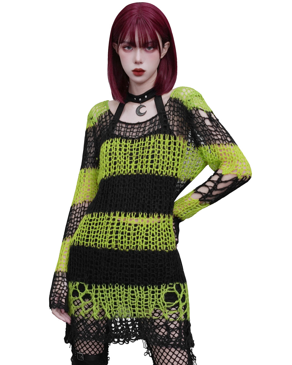 WM-072 Womens Shredded Broken Knit Sweater Top - Black & Green Stripe