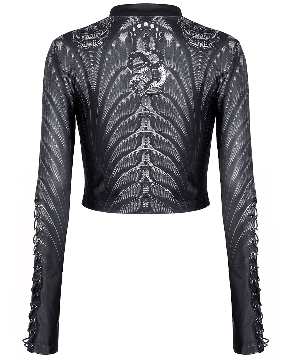 WT-699 Womens Serpentine Printed Mesh Cyberpunk Top - Black & Grey