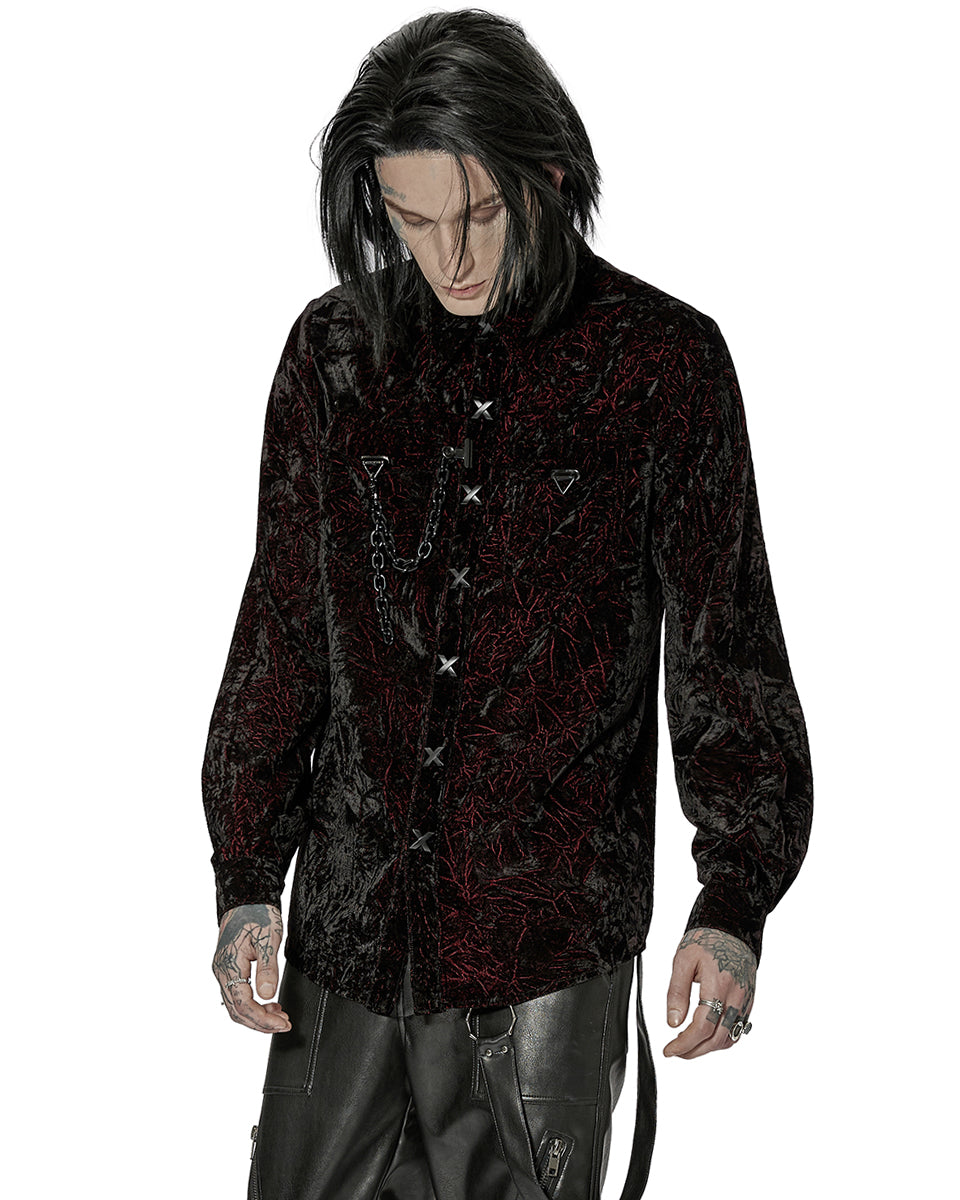 WY-1441 Mens Gothic Crimped Velvet Chained Dress Shirt - Black & Red