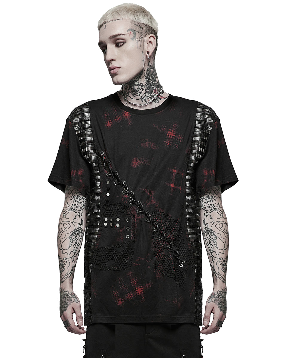 WT-702 Mens Punk Splicing Tee - Black & Red