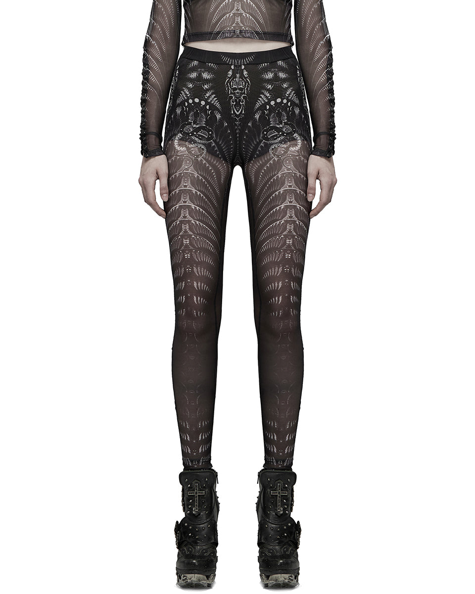 WK-491 Womens Serpentine Printed Mesh Cyberpunk Leggings - Black & White