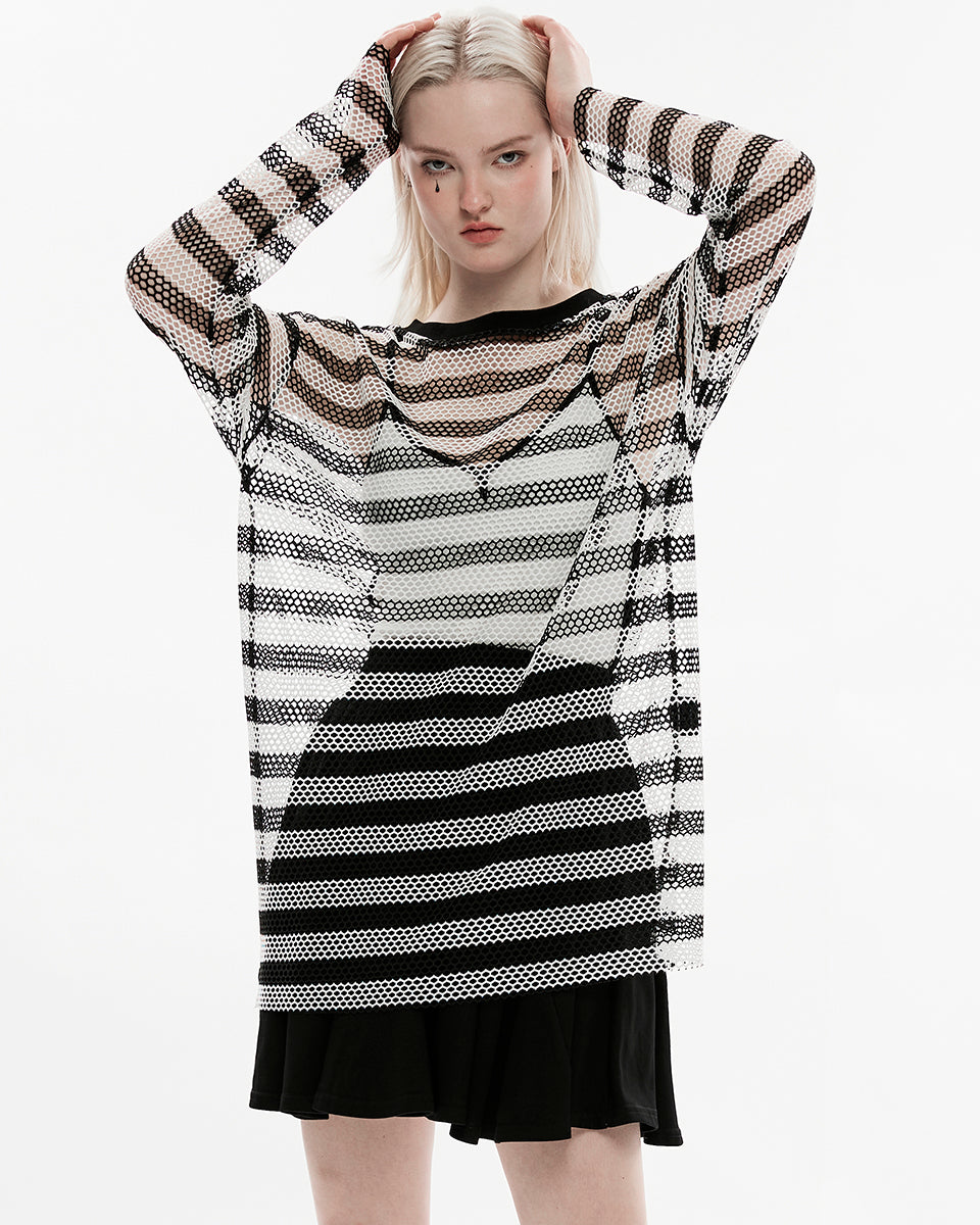 OPT-773 Daily Life Casual Punk Fishnet Mesh Striped Sweater Top - Black & White