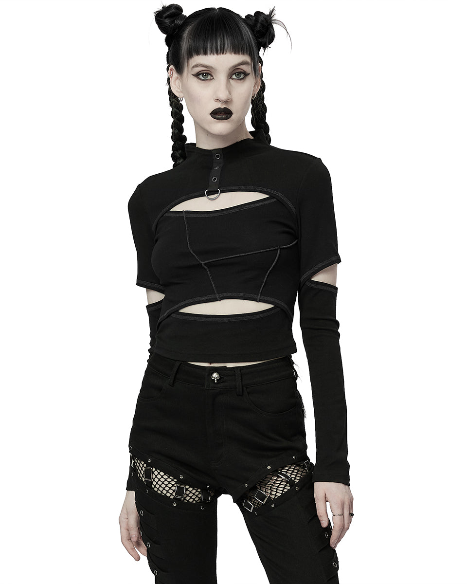 WT-746 Womens Cyberpunk Cut Out Splicing Top - Black