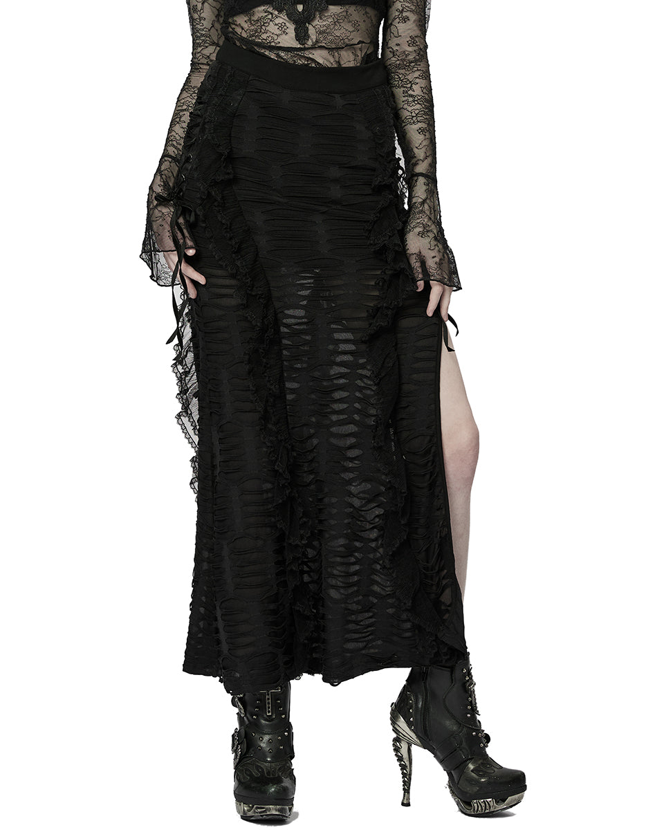 WQ-609 Womens Apocalyptic Gothic Witch Shredded Split Hem Maxi Skirt