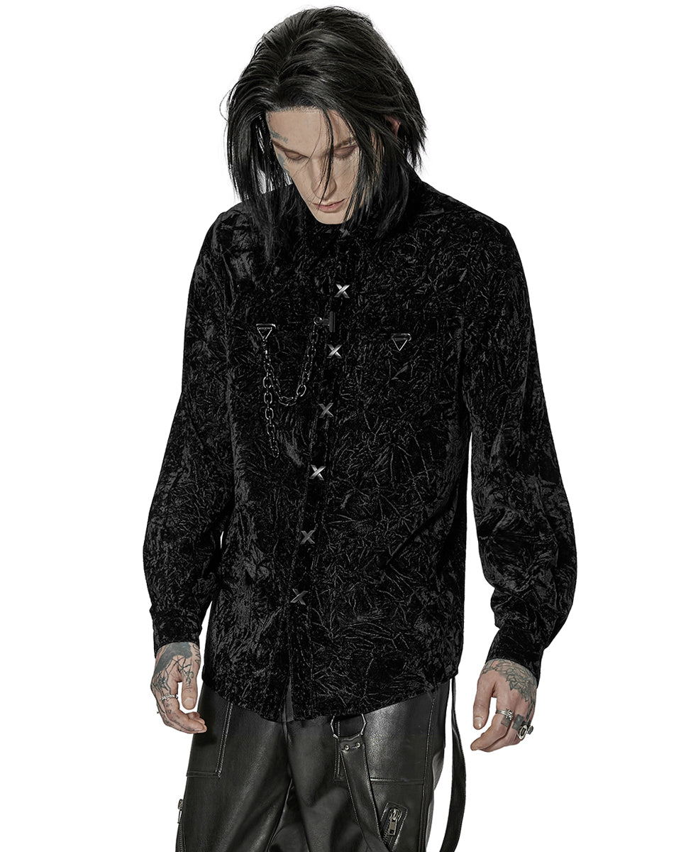 WY-1441 Mens Gothic Crimped Velvet Chained Dress Shirt - Black