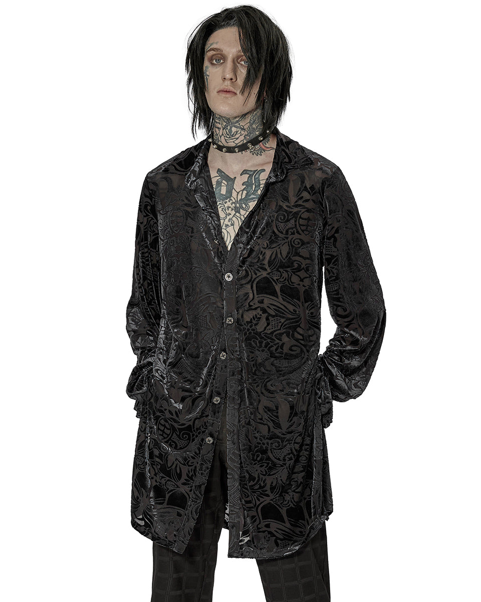 WY-1416 Mens Longline Baroque Gothic Velvet Flocked Shirt - Black