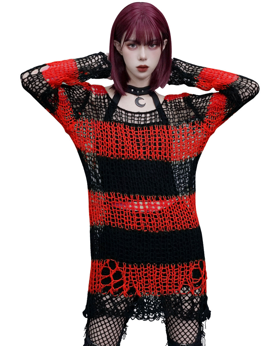 WM-072 Womens Shredded Broken Knit Sweater Top - Black & Red Stripe