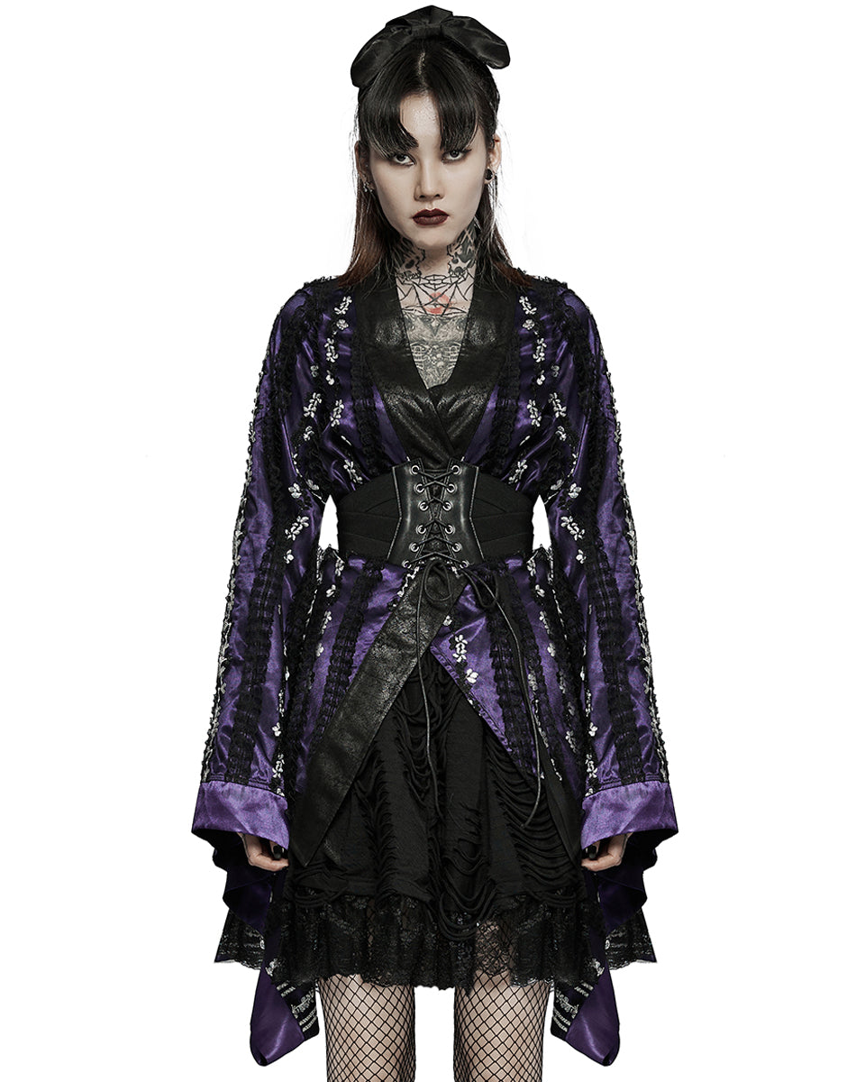 WLY-103 Pyon Pyon Womens Gothic Lolita Floral Embroidered Kimono Jacket - Purple & Black