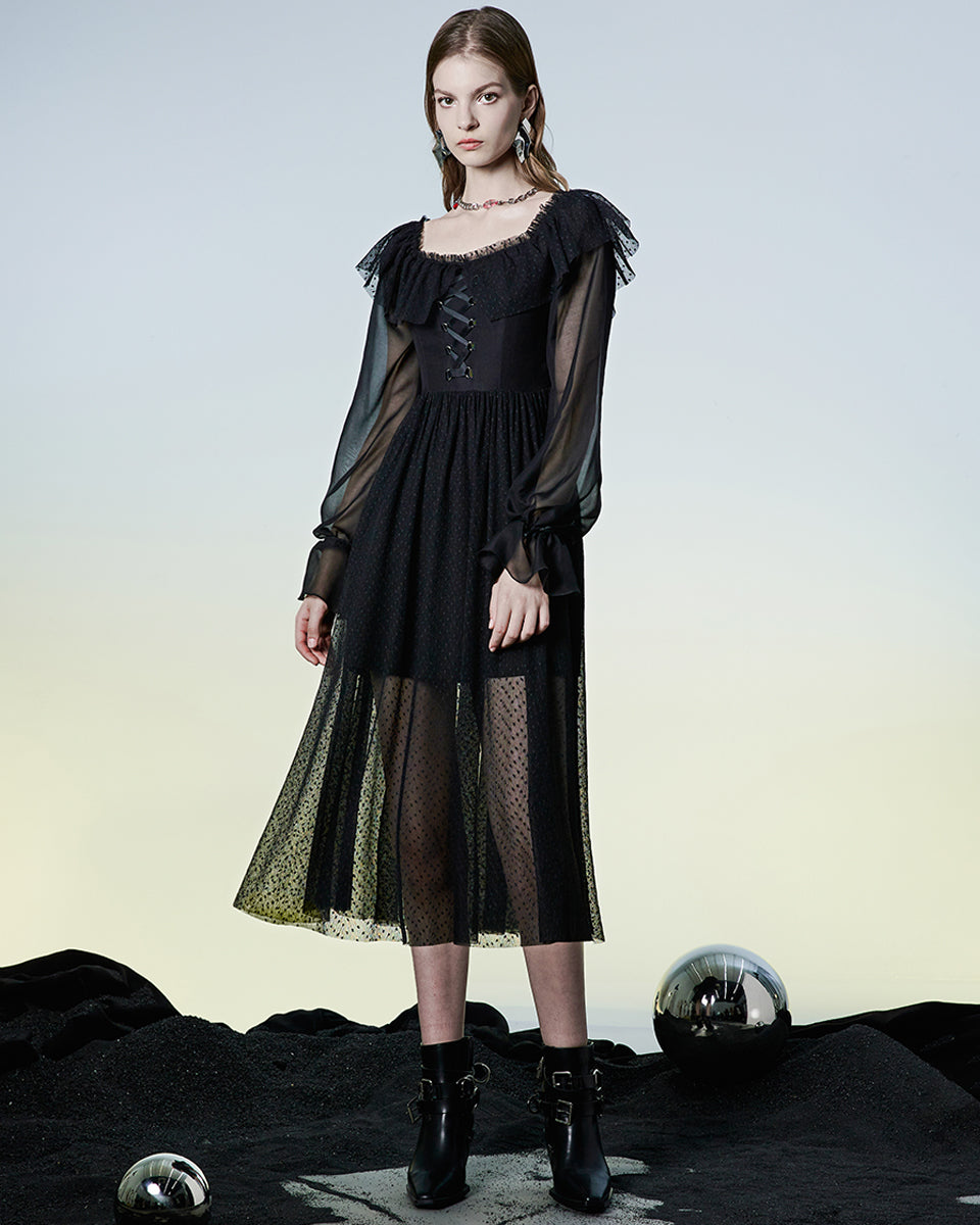 OPQ-1144 Daily Life Retrogothic Pleated Chiffon Midi Dress