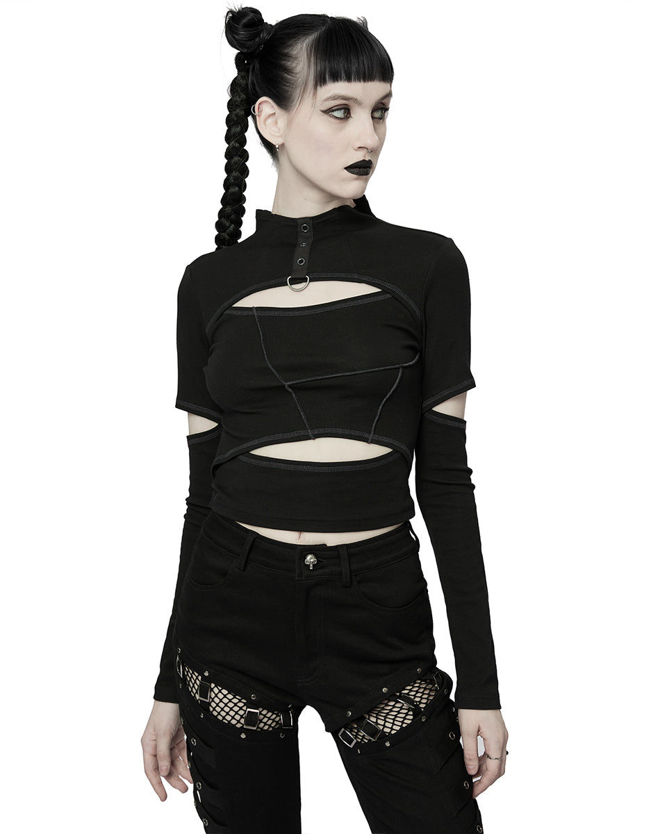 WT-746 Womens Cyberpunk Cut Out Splicing Top - Black