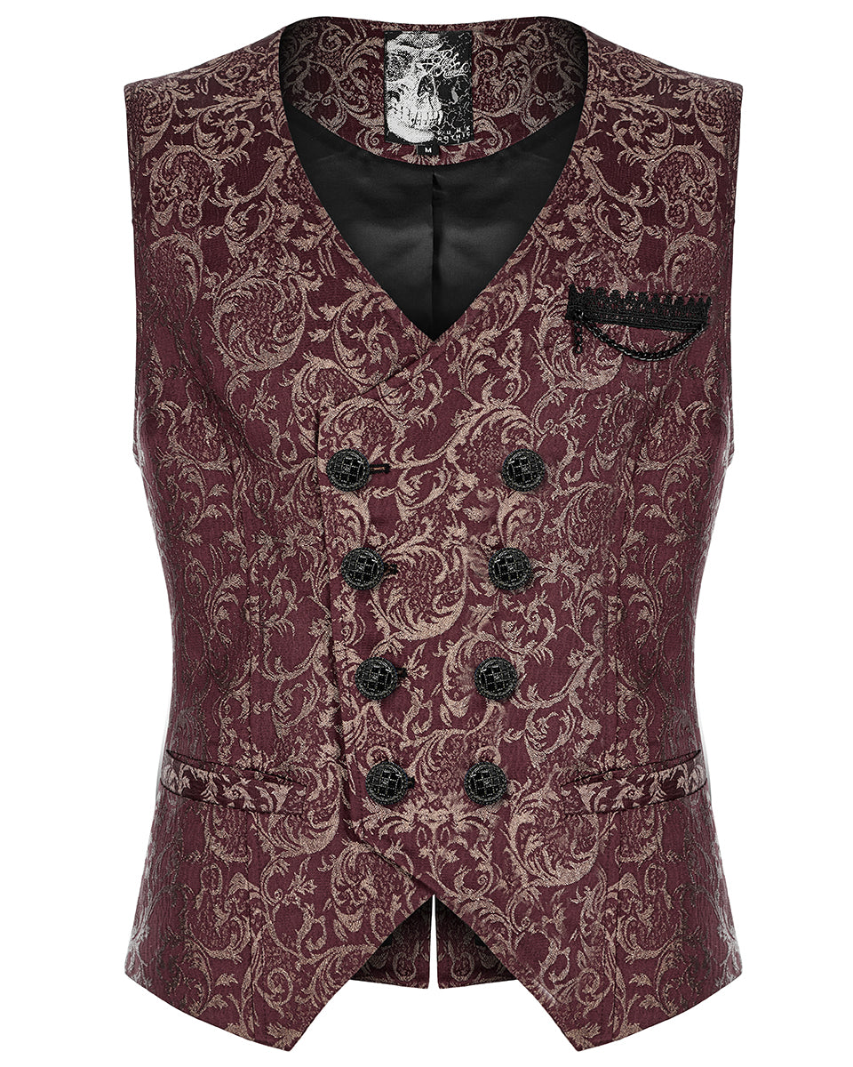 WY-1436 Mens Dark Gothic Aristocrat Chained Waistcoat Vest - Red Jacquard