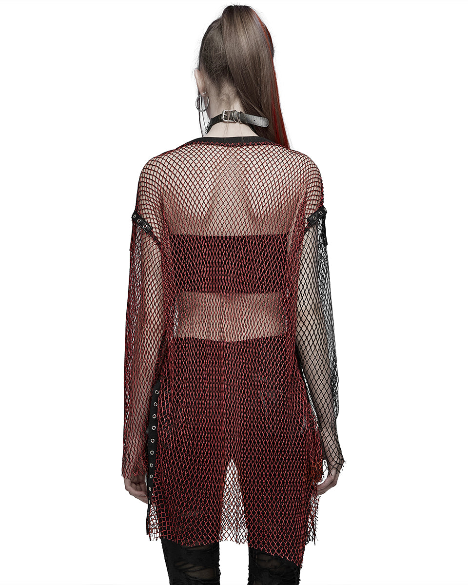 WT-698 Womens Daily Punk Splicing Fishnet Top - Red & Black