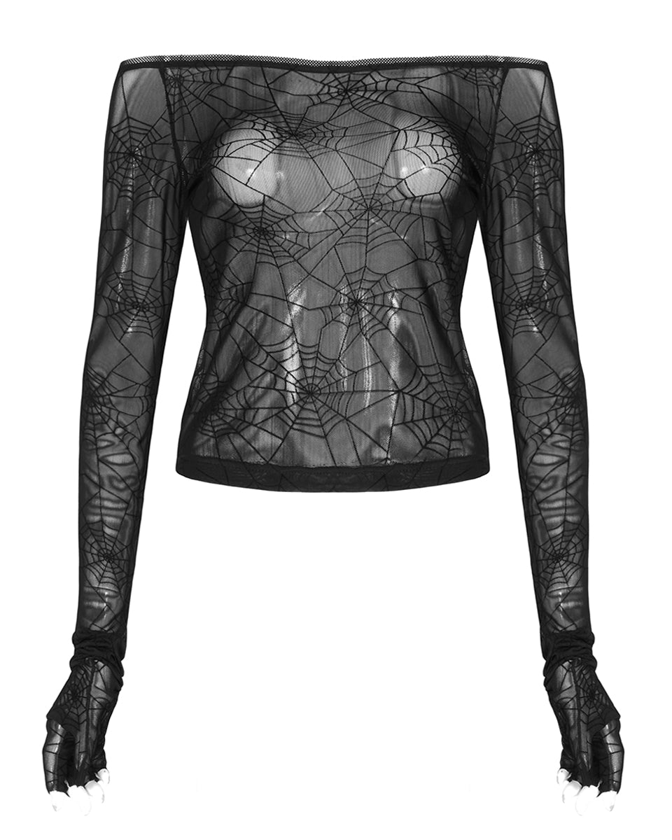 WT-659 Arachnaphilia Womens Spiderweb Mesh Off-Shoulder Top - Black