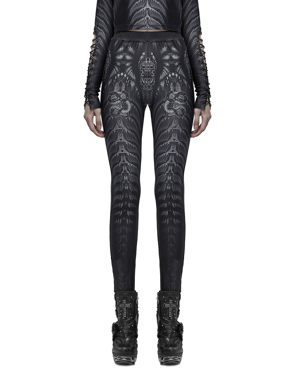 WK-491 Womens Serpentine Printed Mesh Cyberpunk Leggings - Black & Grey