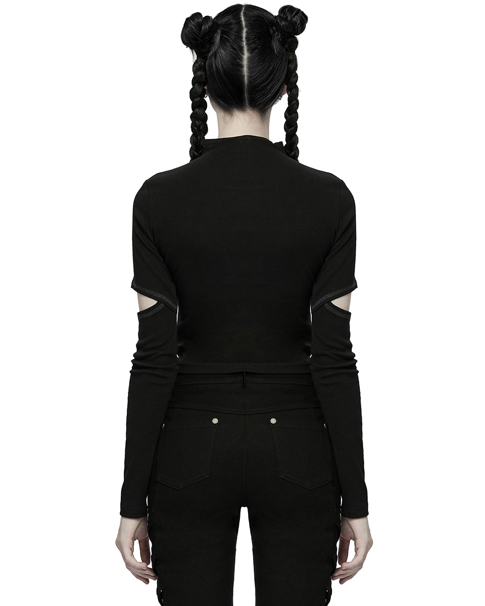 WT-746 Womens Cyberpunk Cut Out Splicing Top - Black