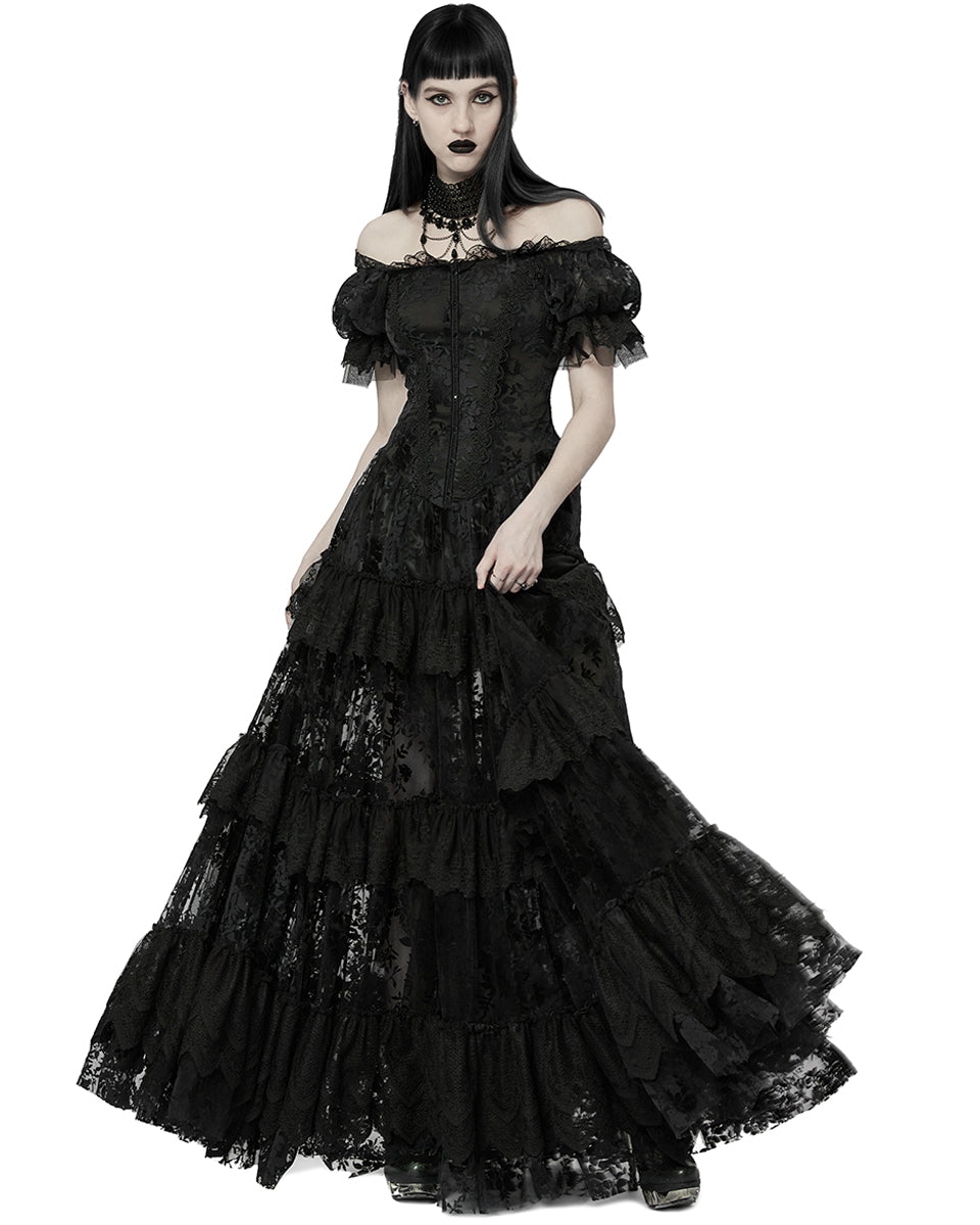 WQ-613 Dark Decadence Flocked Lace Gothic Wedding Dress - Black