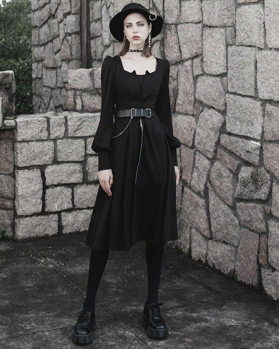 OPQ-1195 Daily Life Casual Gothic Crossover Midi Dress