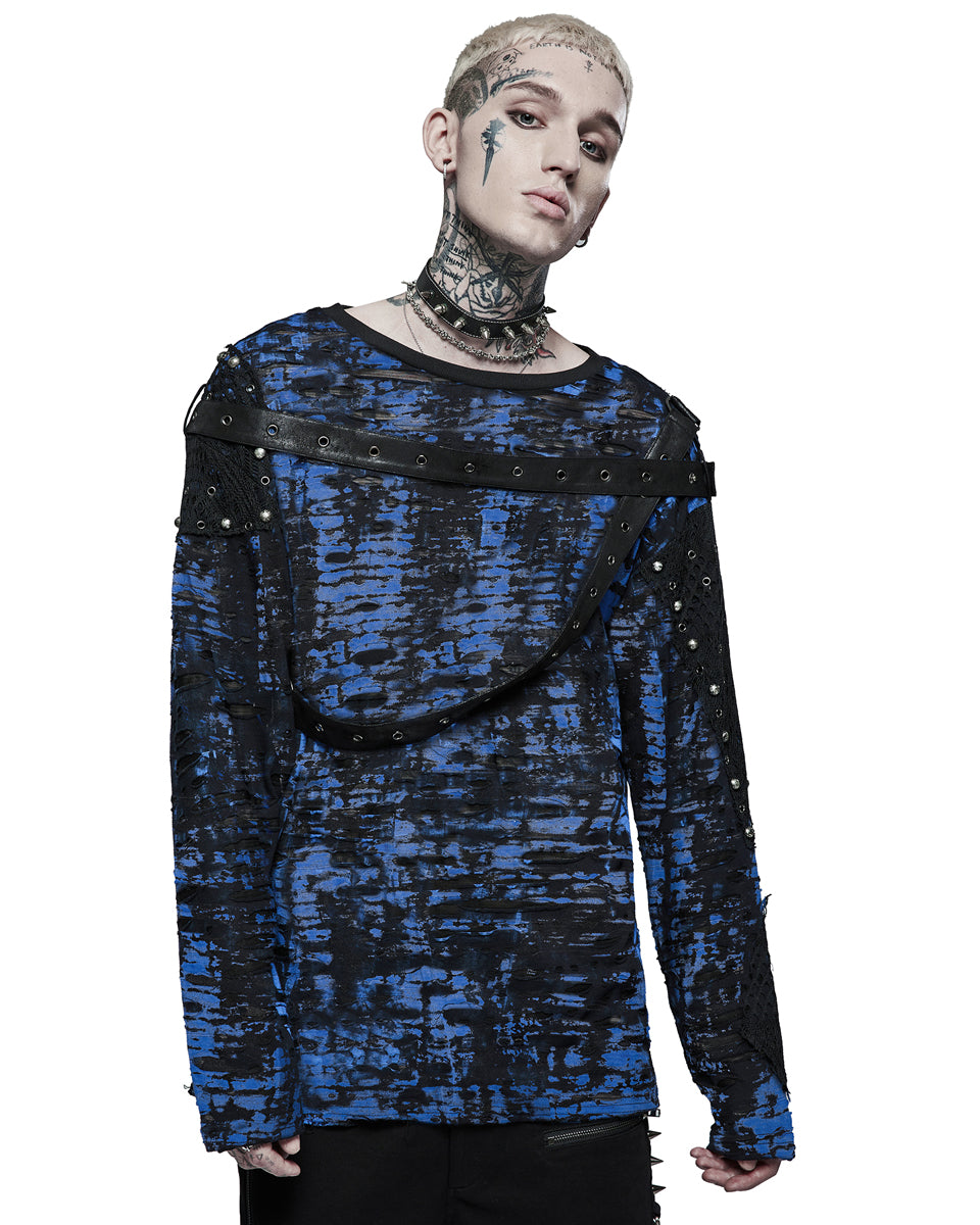 WT-708 Mens Apocalyptic Broken Mesh Tee - Black & Blue