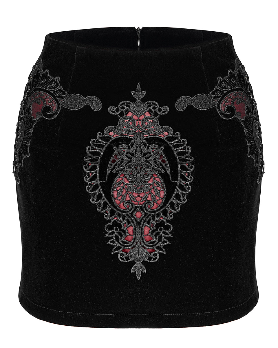 WQ-566 Womens Gothic Lace Applique Velvet Mini Skirt - Black & Red