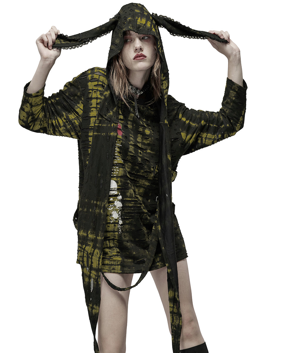 WT-710 Womens Broken Knit Shredded Bondage Top & Scarf Hood - Black & Yellow