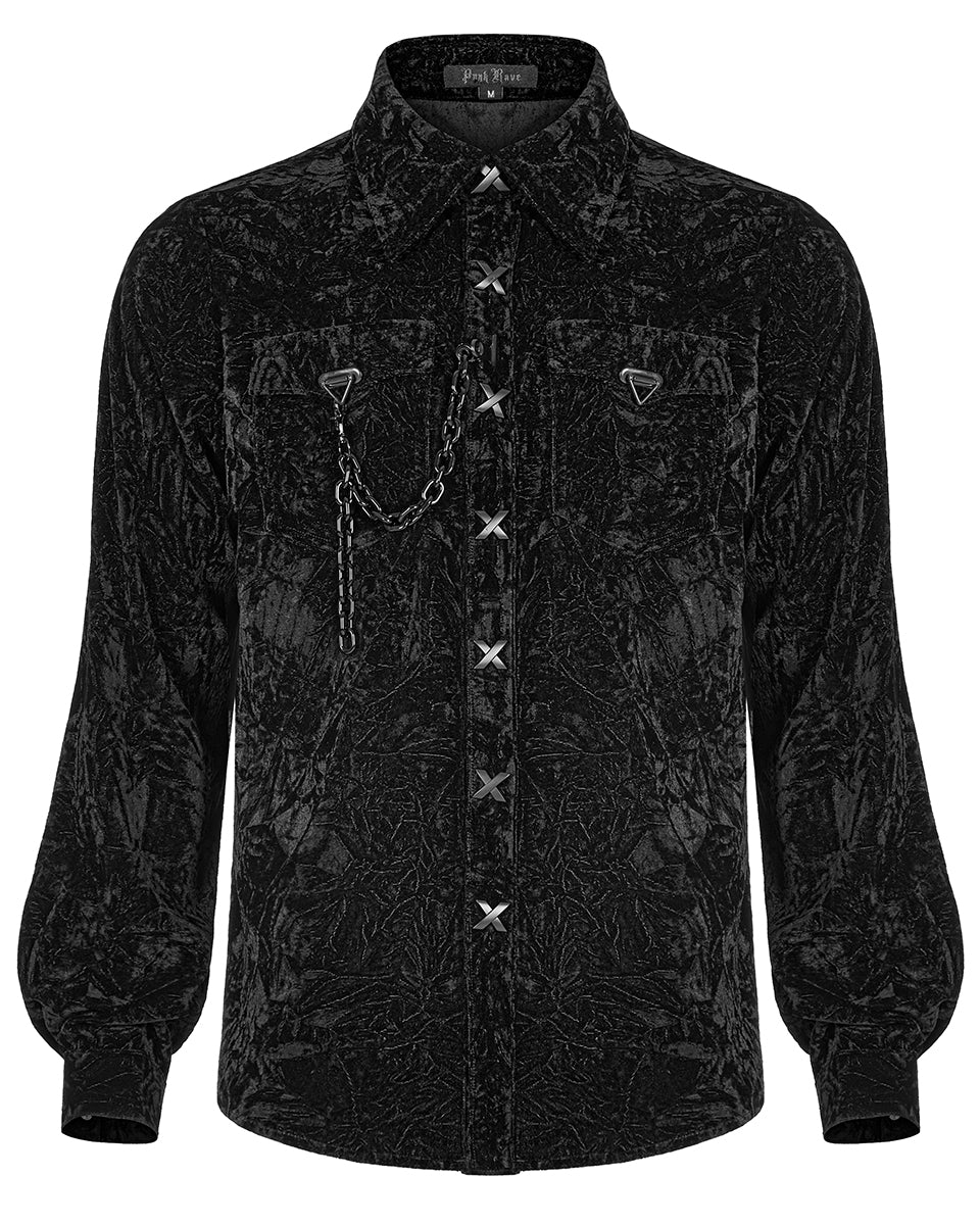 WY-1441 Mens Gothic Crimped Velvet Chained Dress Shirt - Black