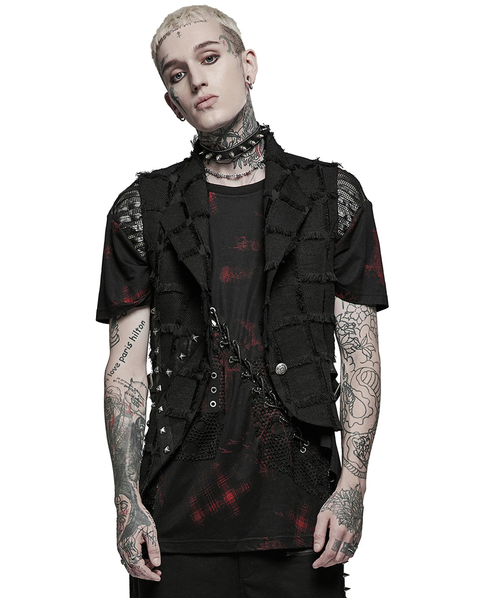 WY-1377 Mens Asymmetric Wasteland Punk Splicing Vest