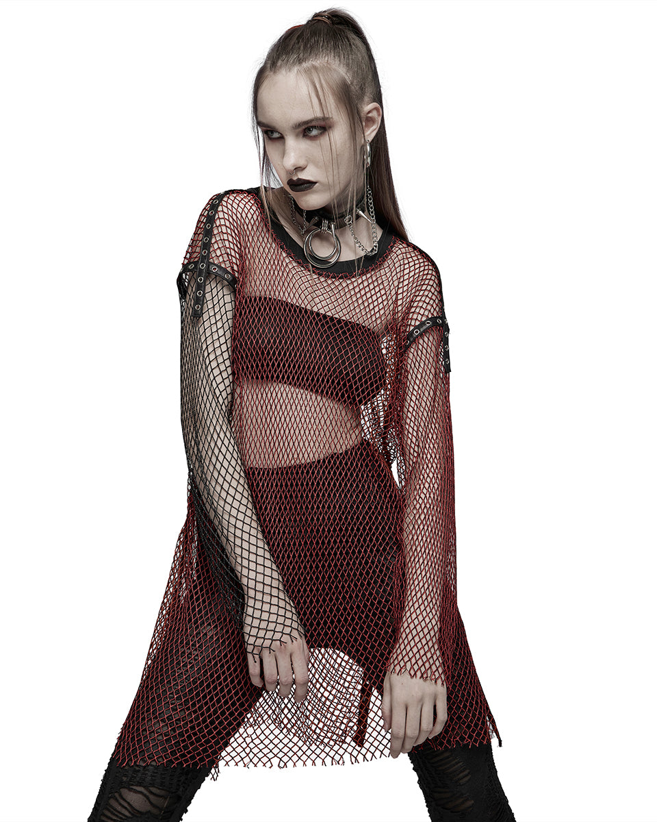 WT-698 Womens Daily Punk Splicing Fishnet Top - Red & Black